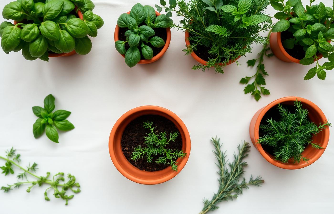 Assorted potted herbs